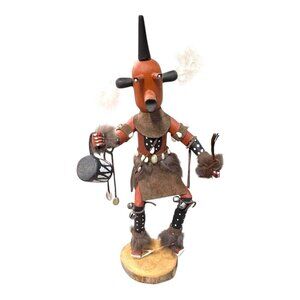 Vintage Mudhead Native American Kachina Doll  Feathers & Drum Signed Lang 16"